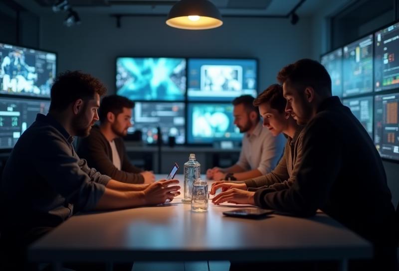 Ein Team von Lichtfang Studio arbeitet gemeinsam an einem kreativen Projekt in einem modernen Studio.